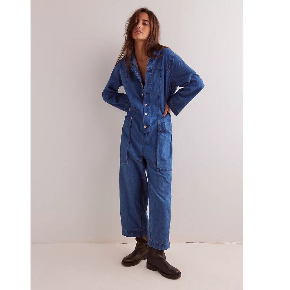We the Free Margarita Slouchy Wide Leg Utility Denim Jumpsuit Medium Cobalt Blue